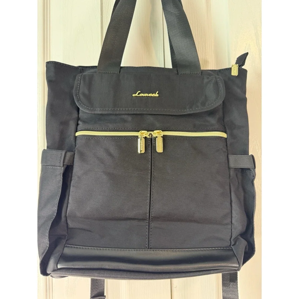 Black Lovevook Backpack Tote Bag 2-Piece Set w/ Pouch Gold Zippers NWT‎